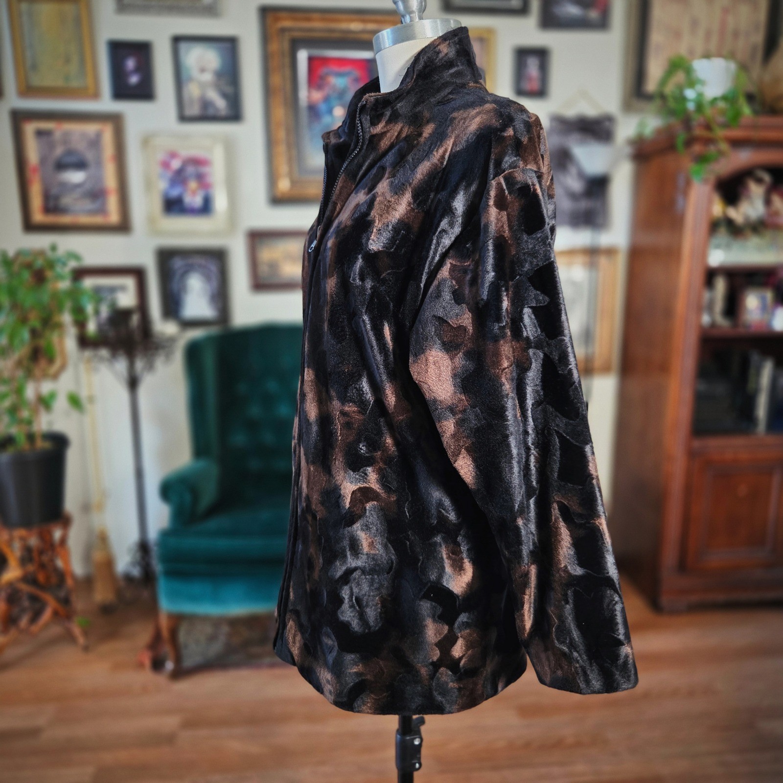 Elnora Faux Fur Jacket Vintage 90s Brown Black Abstract Plush Zip Coat Large
