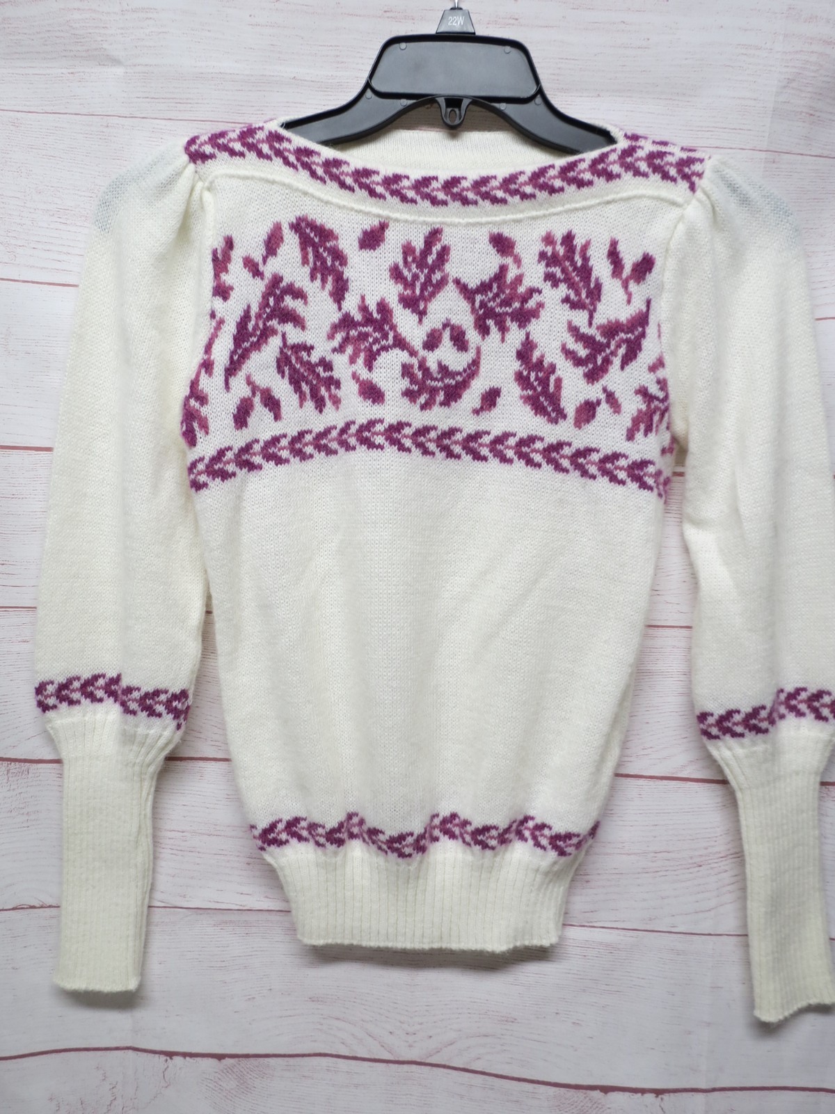Vintage Mademoiselle Size Small (?) Cream Sweater w/ Purple Leaf Pattern