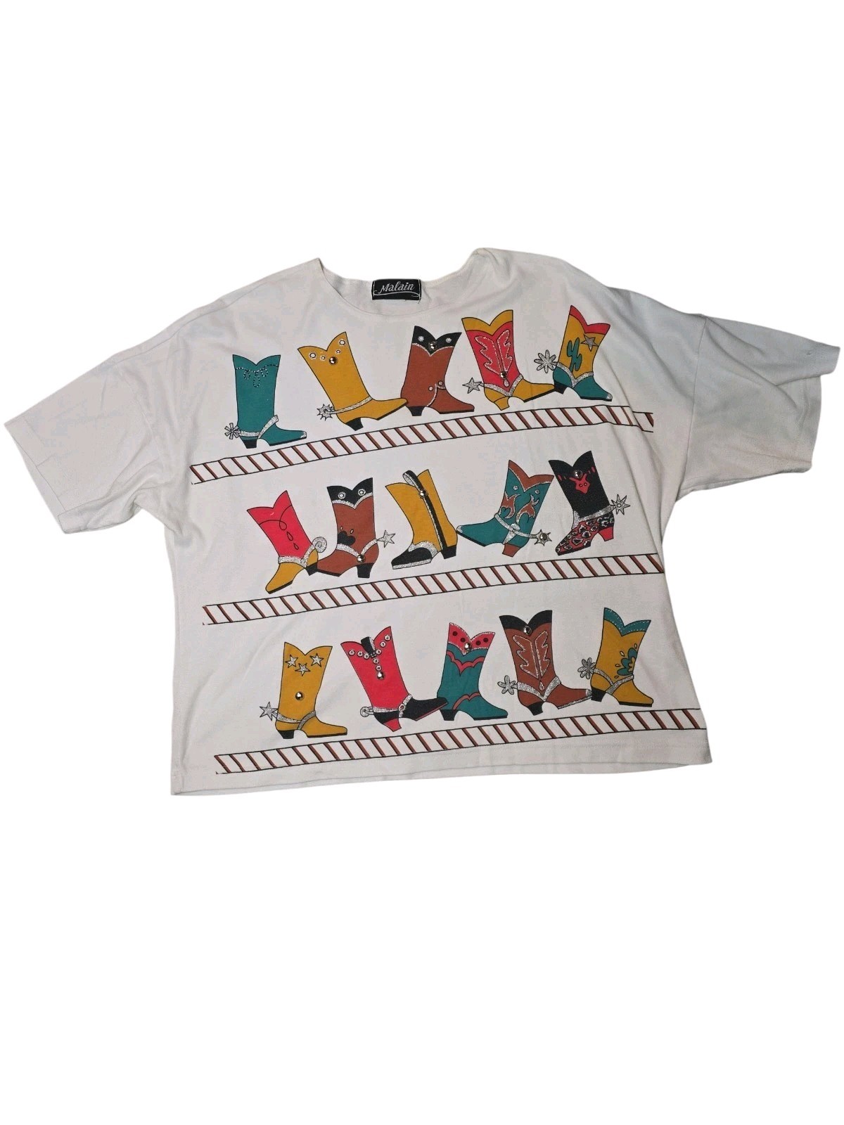 Vintage Western Glam Glitter Cowgirl Boot Colorful Rodeo USA Tshirt Size XL