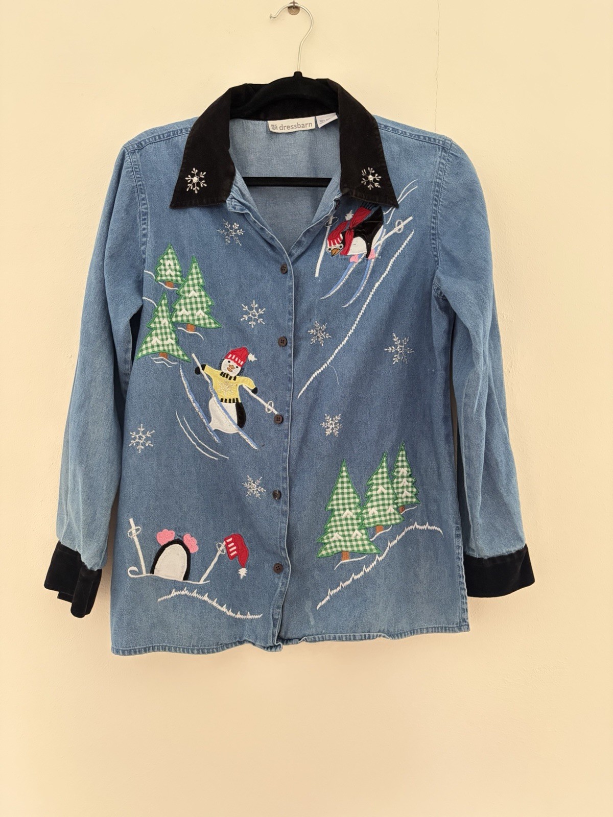 100% Cotton Denim Vintage Christmas Shirt with Velvet Collar and Cuffs 90s Sz L