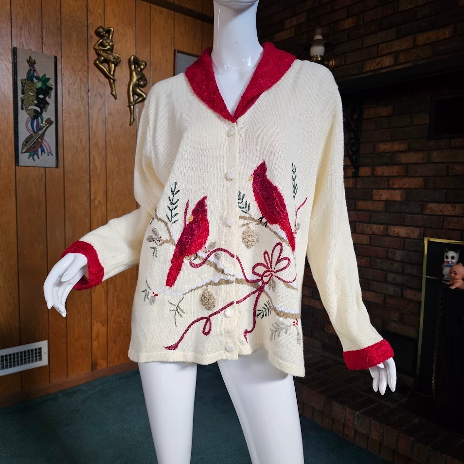 Vtg 90s Holiday Novelty Birding Fuzzy Cardinal Embroidered Cardigan Sweater XL