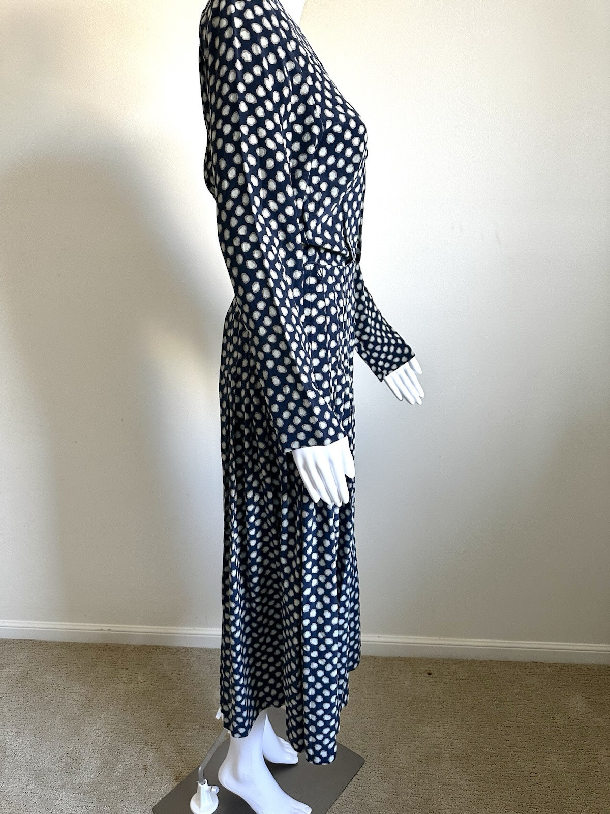 Vintage 80s Navy Silk Dress Top Stitch Pleated Tailored Midi Sz 8