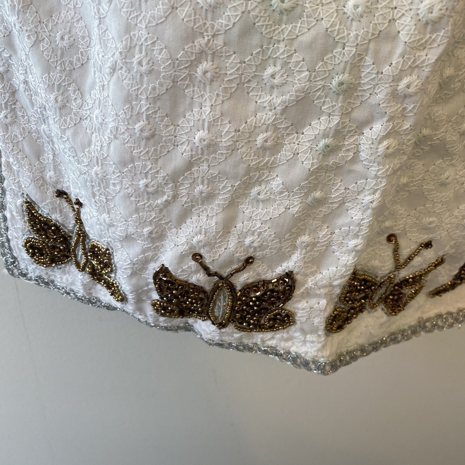 Vintage Mini Dress White Lace Butterfly Sequins Zip Back Split Side Jrs XS/S