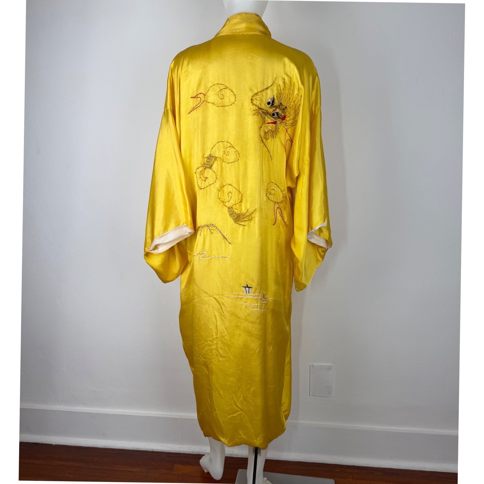 Vintage Yellow Kimono Robe Dragon Gold Metallic Embroidery Long Duster Belt