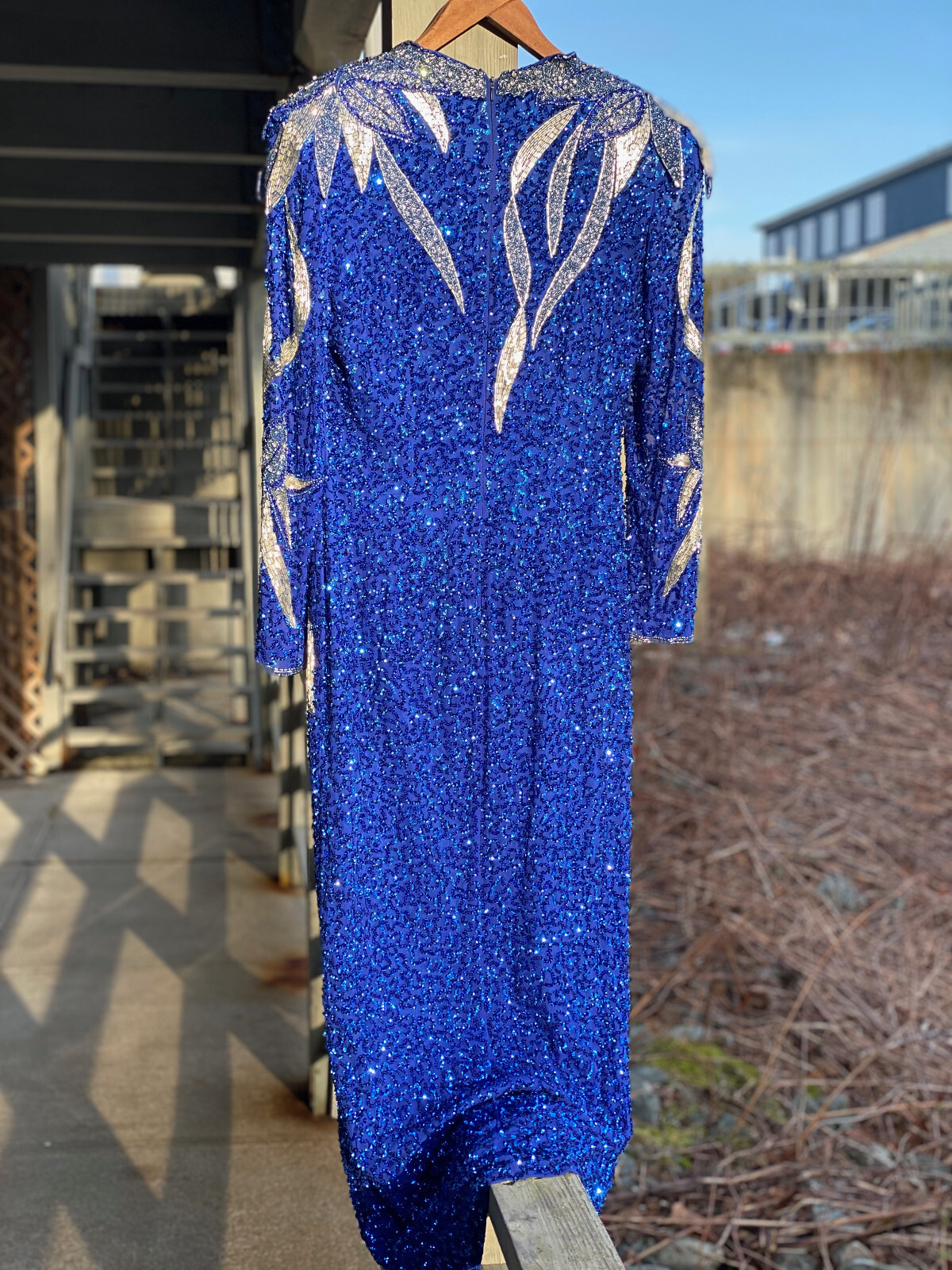 NOS Vintage Oleg Cassini Sapphire Silk Sequin Full Length Dress Size 10 w/ tags