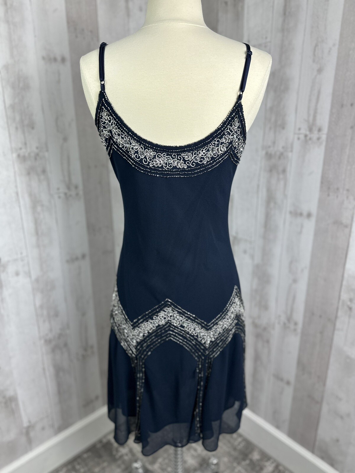 Vintage 90s J Kara Beaded Slip Dress Bias Cut Chiffon Overlay Flapper Dance Y2K