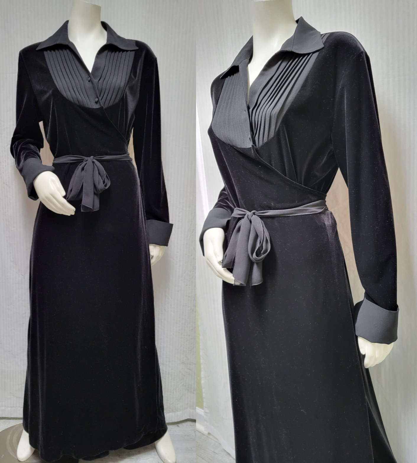 NWOT Vintage BENDINGO IMPRESSIONS Black Velvet Tuxedo Faux Wrap Dress – Size L