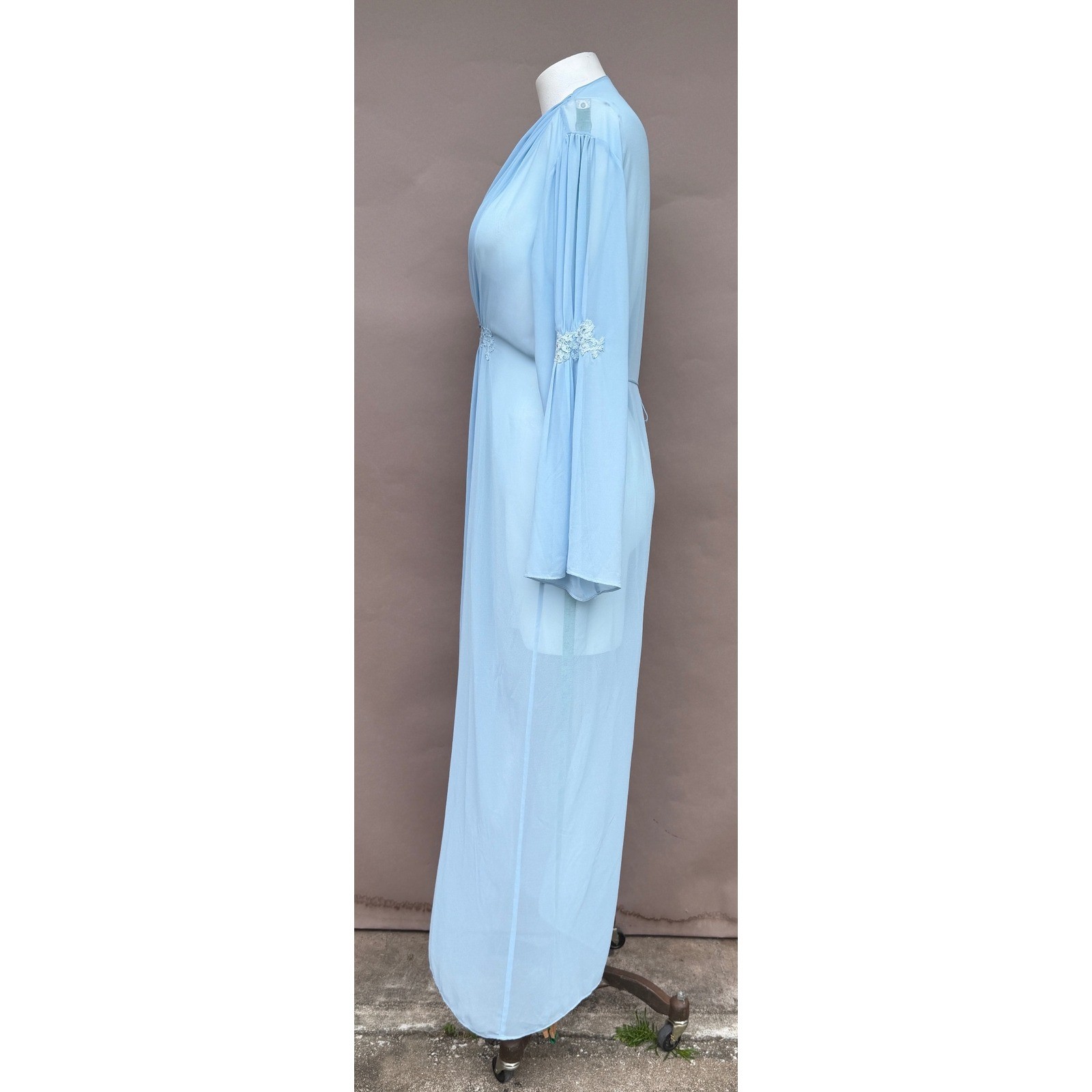 Vintage Blue Sheer Chiffon Maxi Robe Lace Bell Sleeve Button Hollywood Large