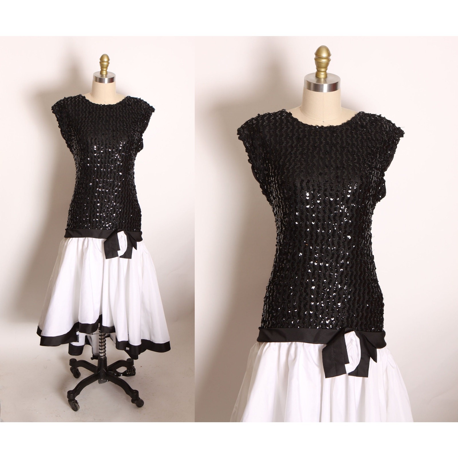 1980s Black White Sequin Asymmetrical Formal Dress by Precious Moments