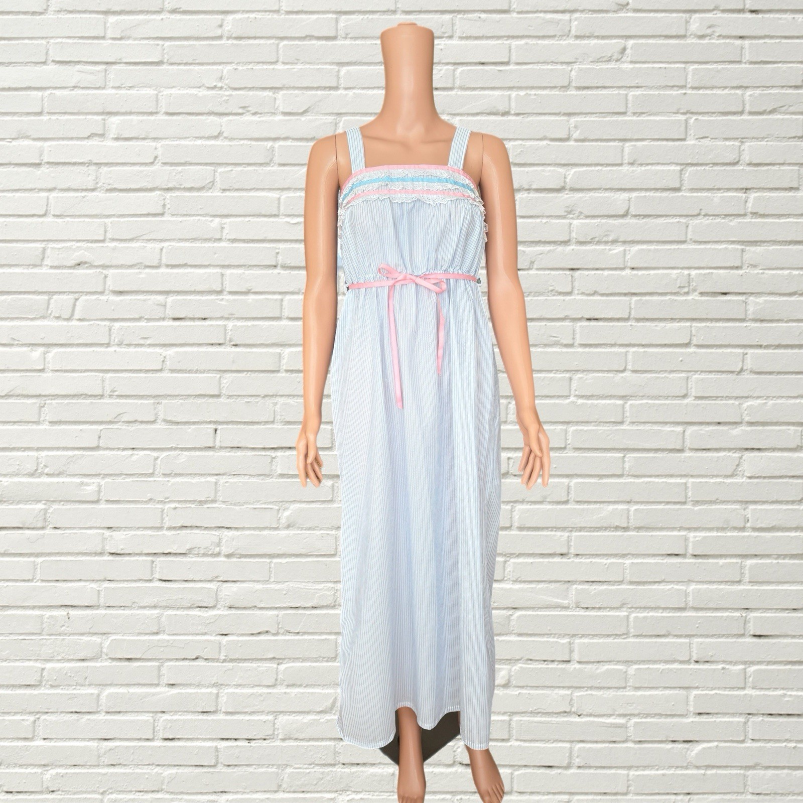Vintage 70s Maxi Slip Dress Striped Blue White W Pink Bow Cottage Hippie Xs