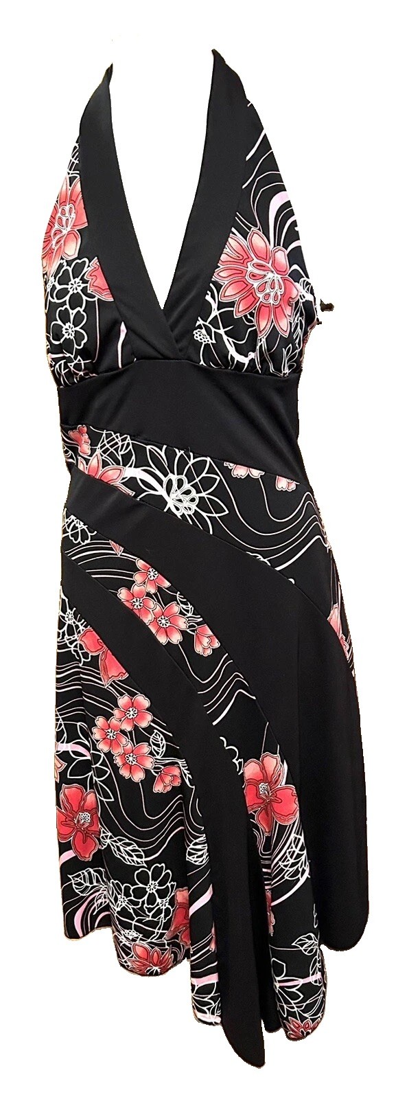Rampage Dress Sun Halter Black Pink Flowers Poly 80s 90s USA Jr 7/8 Y2k Boho