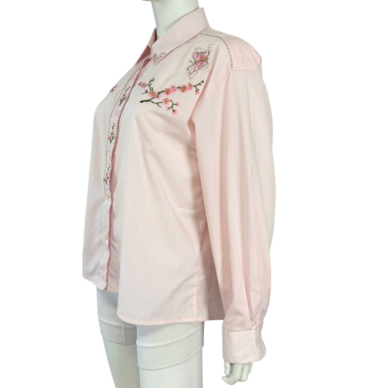 Pink Embroidered Floral Button Up Fairycore Western Romantic Cottagecore Large
