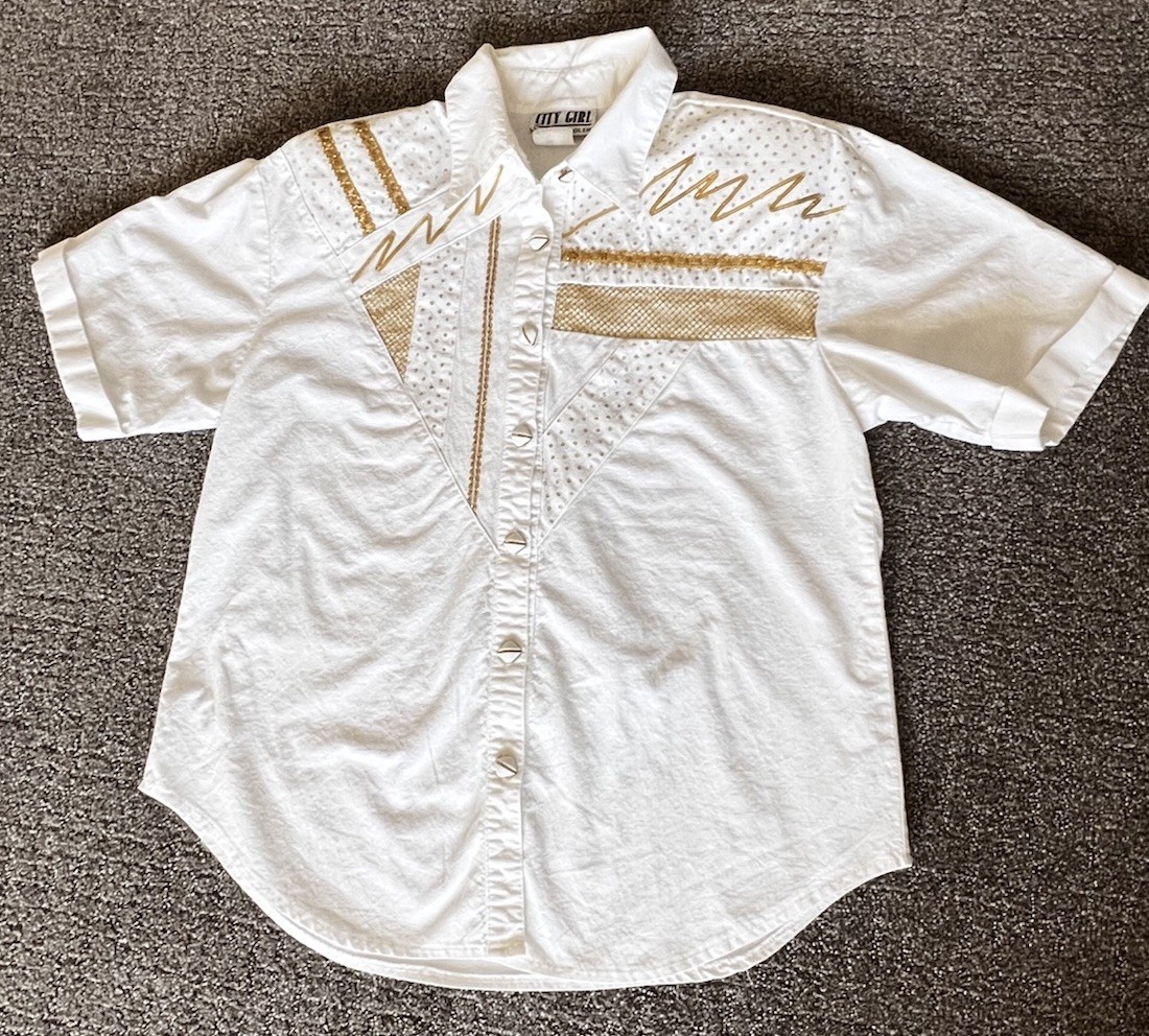 Vintage City Girl Nancy Bolen Western Shirt White Gold Embroidery Size 12 USA