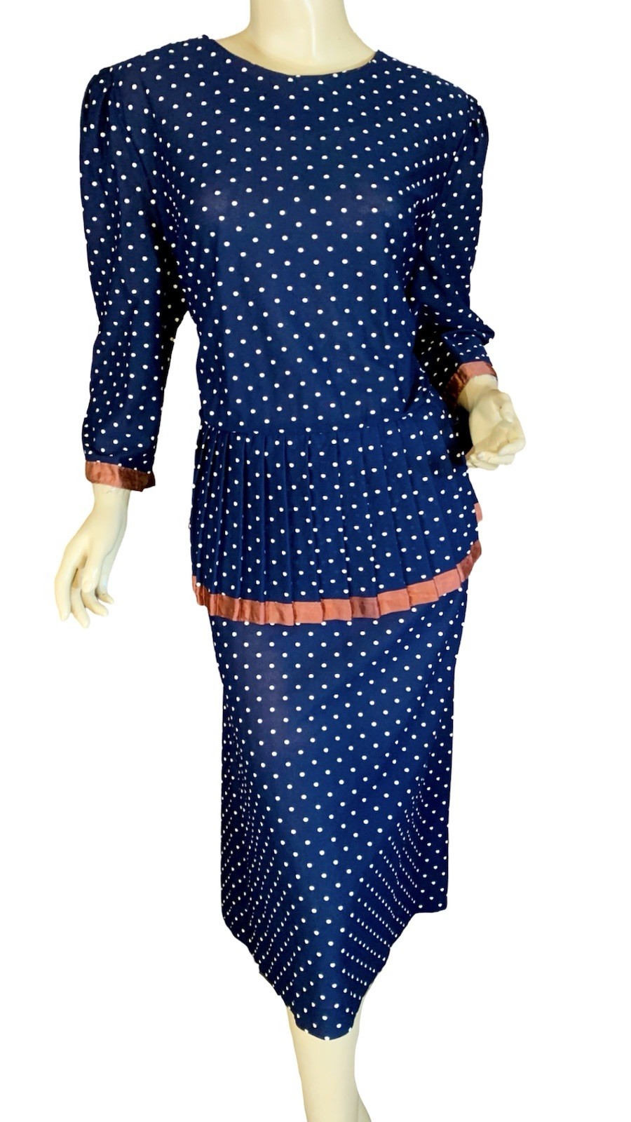 VINTAGE CIRCA 1980’S CARLY CIRCLE BLUE & CREAM POLKADOT PEPLUM DRESS SZ 18