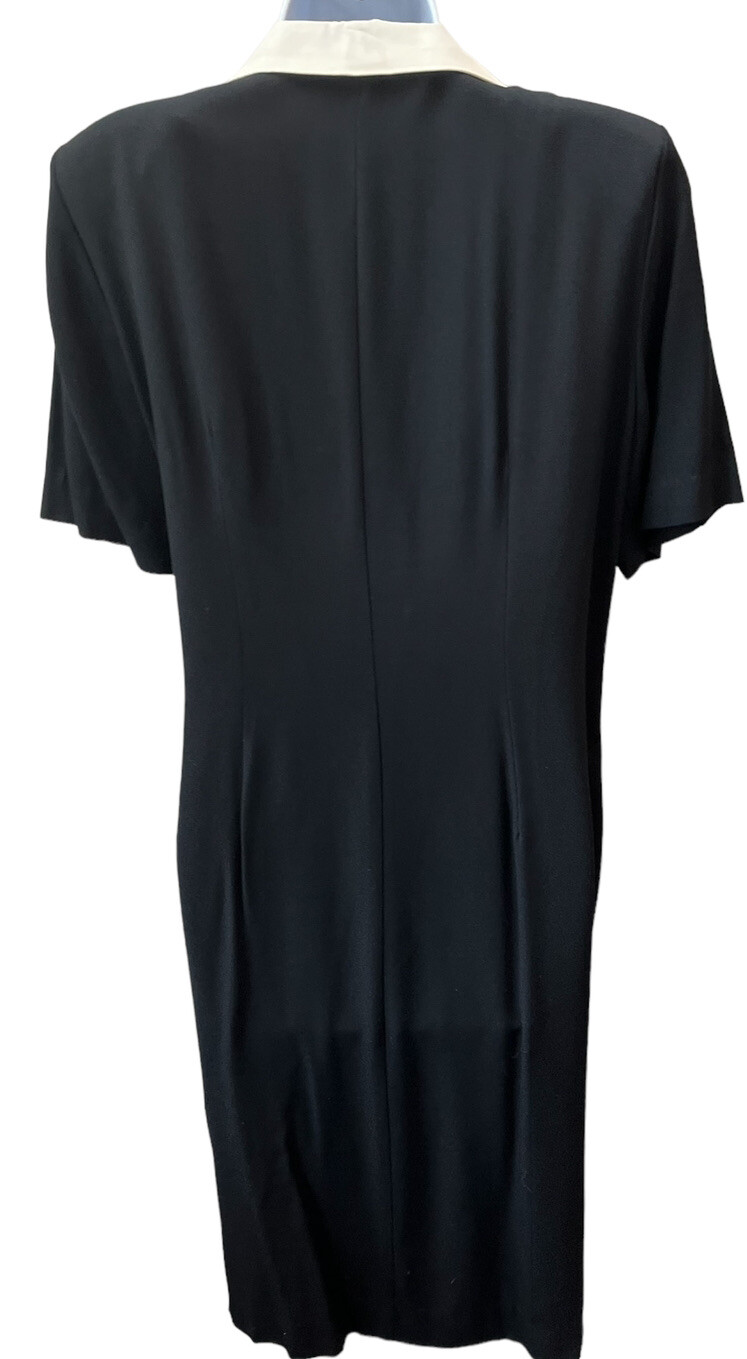 Vintage 1980s Bihari Secretary Dress 12 Short Sleeve Collar Buttons Black Ivory