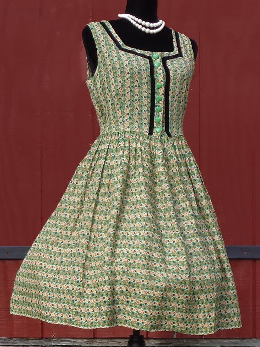 Vtg 50’s Sun Dress Cotton Voile – Black Velvet Trim & Heart Buttons
