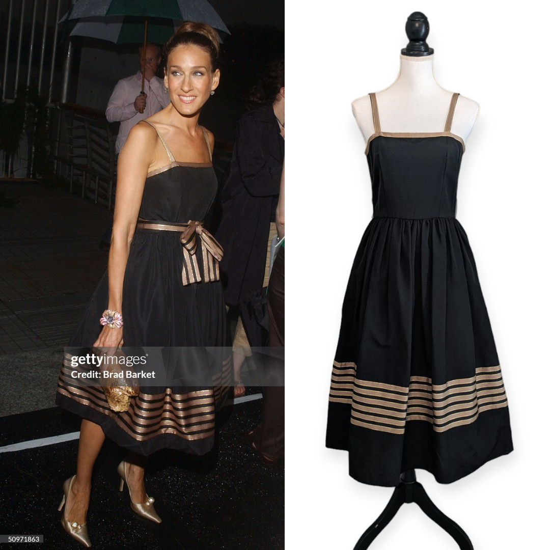 Vtg 70s Oggee By Rizkallah Black Faille Gold Tea Dress ASO Sarah Jessica Parker