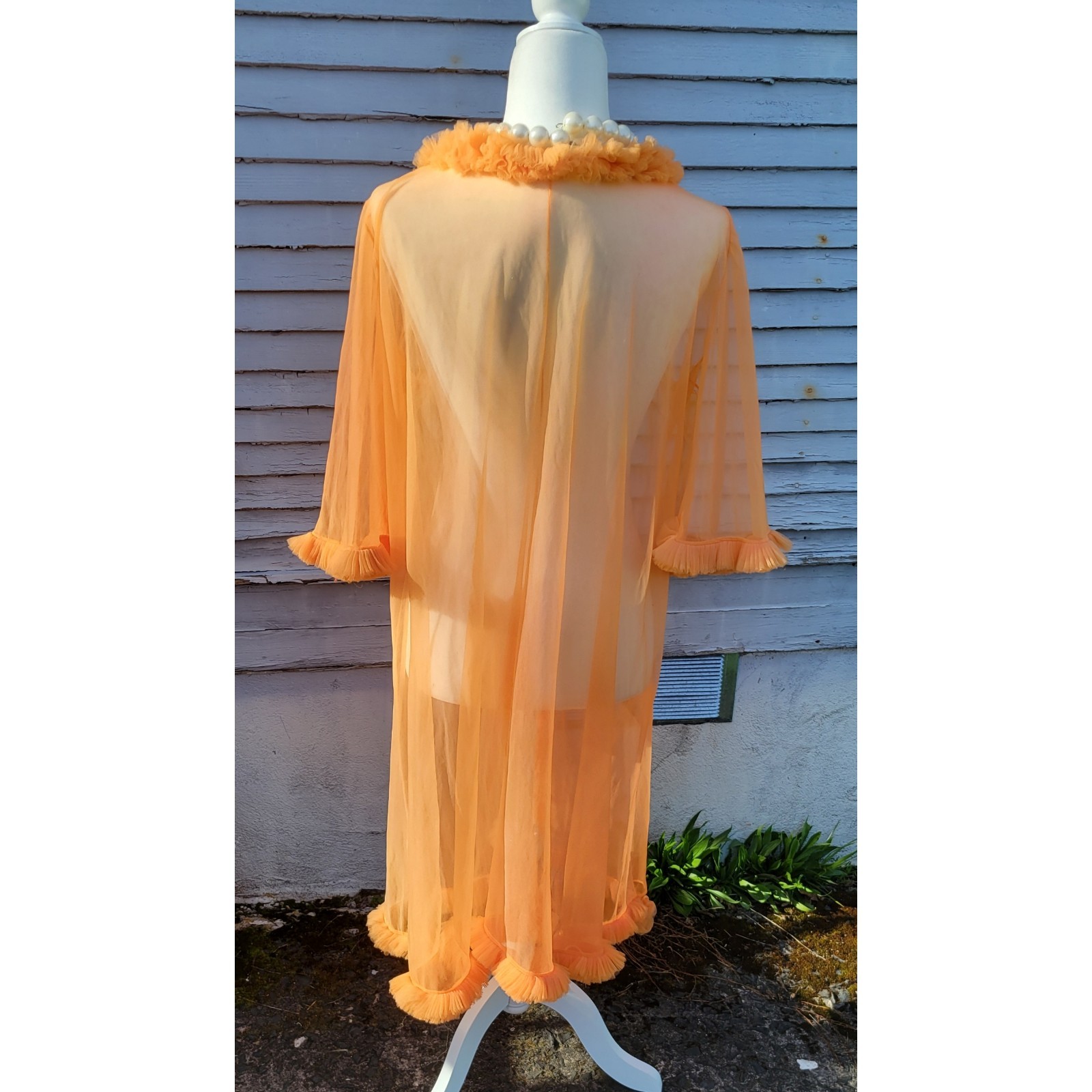 Vintage 1960s Lisette Tangerine Chiffon Sheer Ruffles Negligee Peignoir M Med