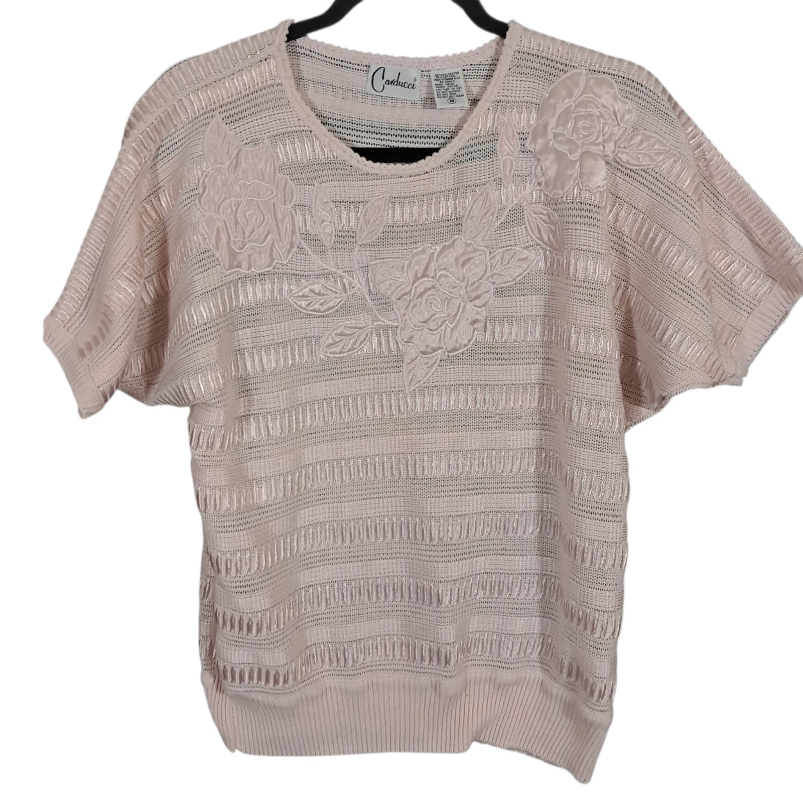 Carducci Open Knit Top Short Sleeve Sweater 70s Embroidery Cropped Pink Retro M