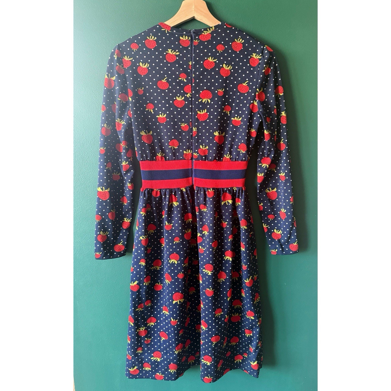Vintage 60s 70s Strawberry Dress Polka Dot Mod Novelty Print Small Navy Red