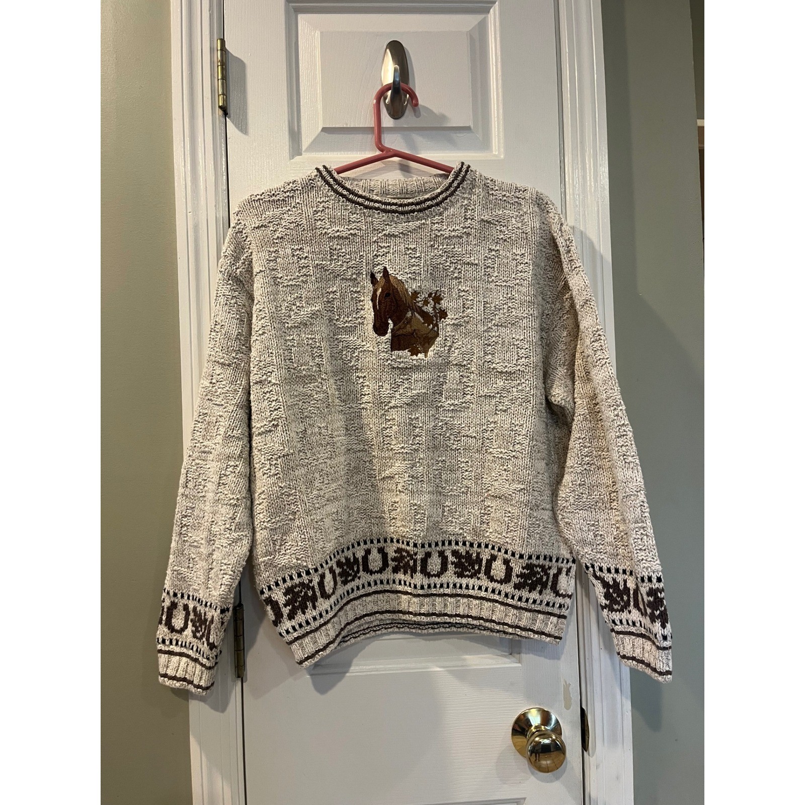 Shenandoah Vintage Horse Embroidered Knit Sweater Cream Brown Western Medium b3