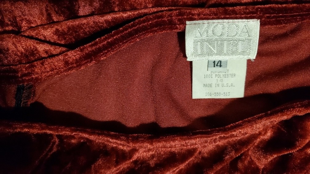 Vintage Moda Int’l Crushed Velvet or Velour Maroon Dress, Made in USA, Sz. 14
