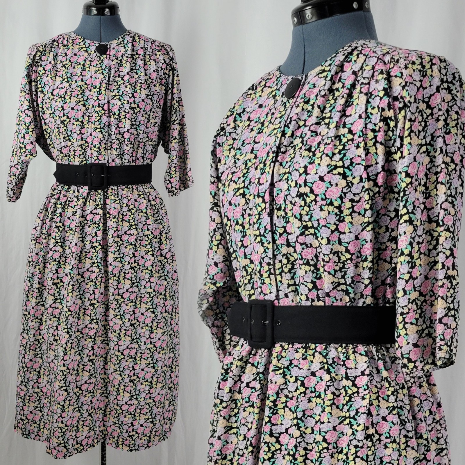 Vintage Ed Michaels Black Blouson Dress w Pink/Purple/Yellow Florals Size 7/8