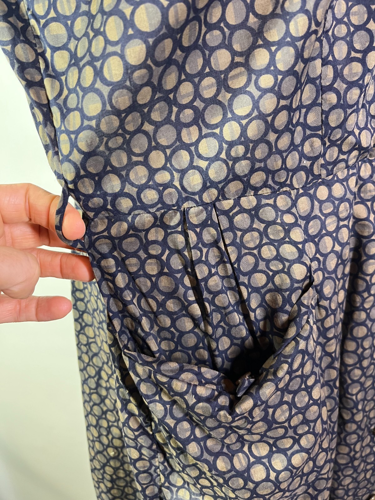 Vintage early 70s? Shirtdress Homemade Blue Circles Print Pockets