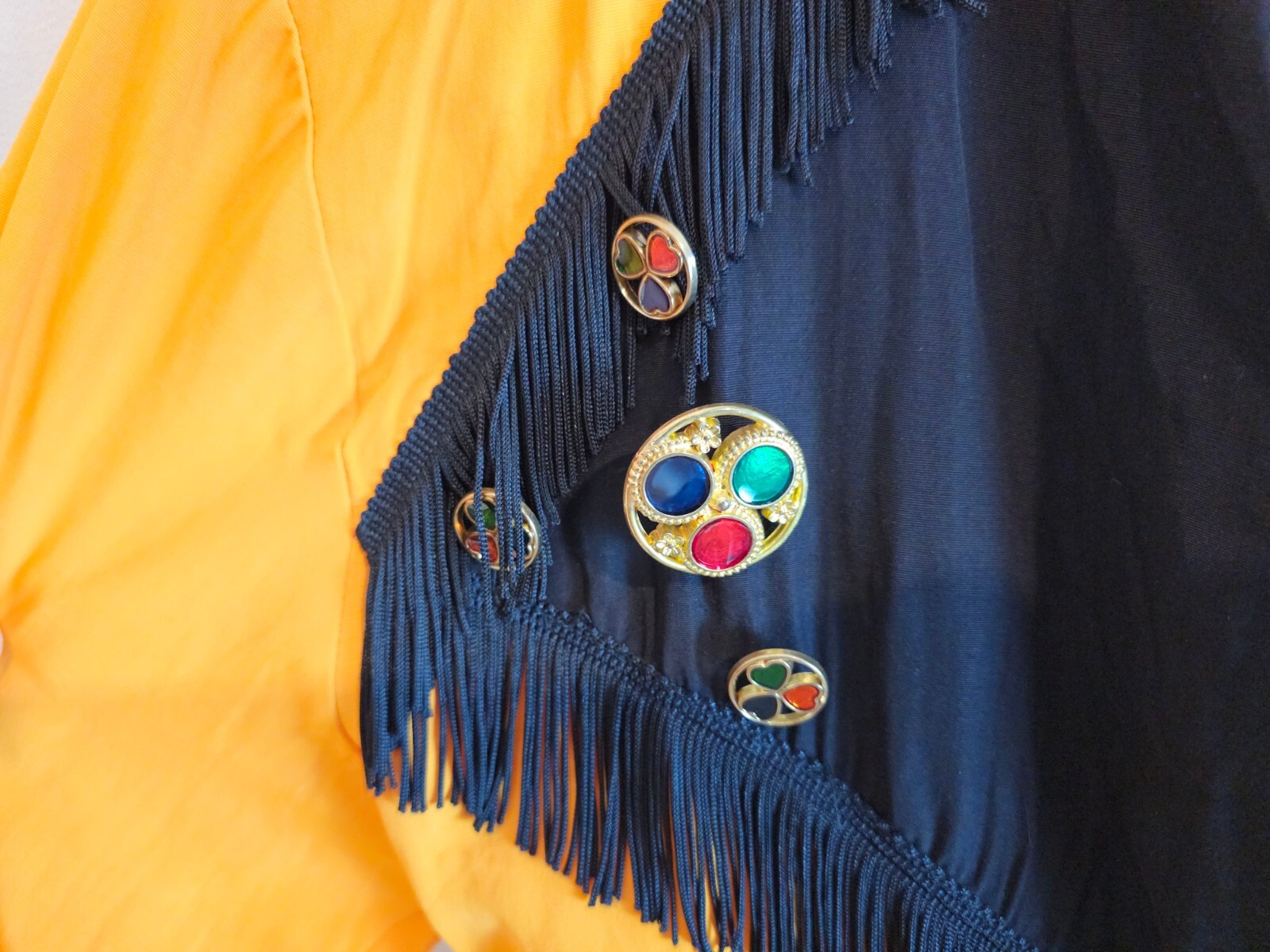 Vintage 90s Yellow and Black Peplum Blazer with Gold Jem fastens and Gold Button
