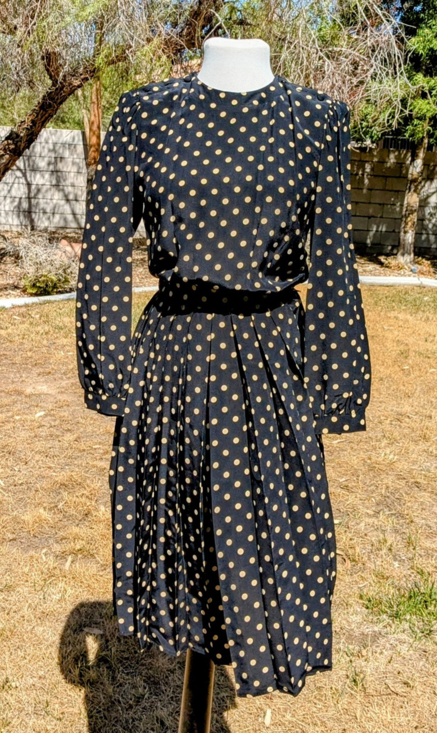 Maxi L/S Charles Bianco Italian Collection Polka Dot A-Line Sz6 Petite Dress EUC