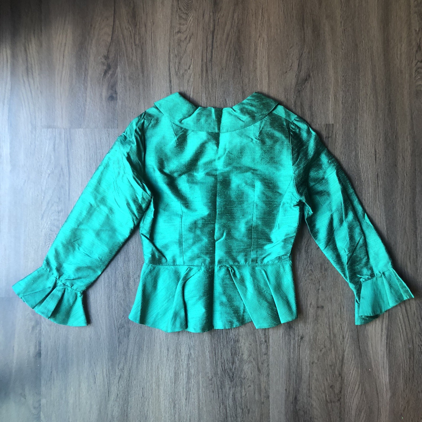 VTG Handmade Peplum Blouse Top Womens 34 Emerald Green Silk Dupioni Retro Glam