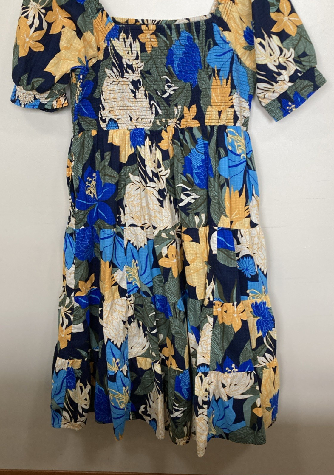Land’s End Women’s Smocked Peasant Dress L/P 14-16 Blue Yellow Cotton Lined Vtg