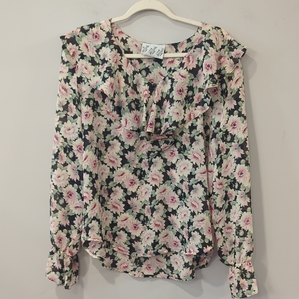 Vintage Floral Blouse Ruffles Long Sleeve size L Made in USA