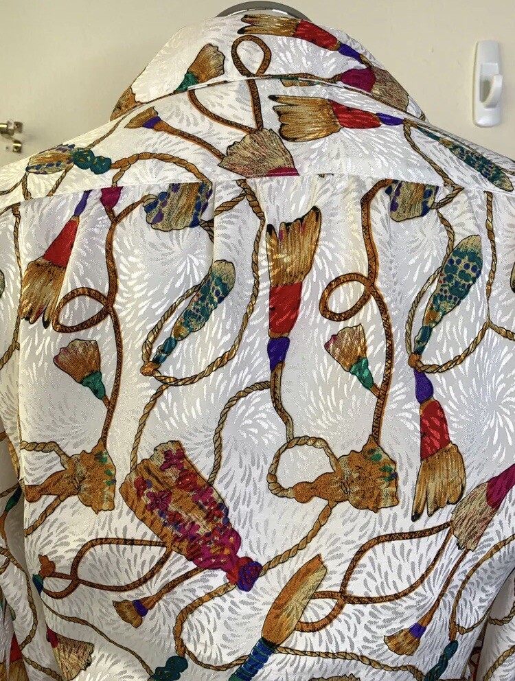 Vintage 80s All Hours Baroque Style Oversized Button Down Top Tassle Print L/XL
