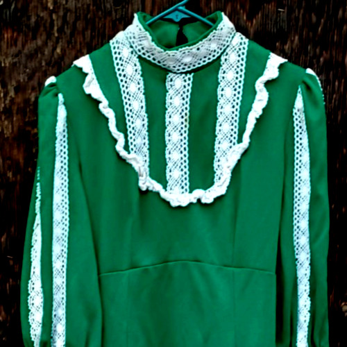 Amazing 70s Vintage Green Empire Leg O Mutton Sleeve Sz M/L PolyKnit Maxi Dress