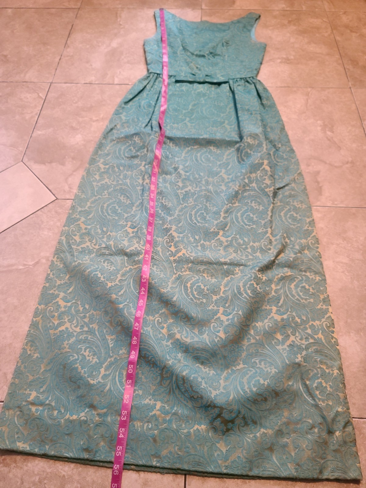 VTG 1960s Turquoise Blue & Gold Brocade Maxi Dress Women’s XS Bow Detail