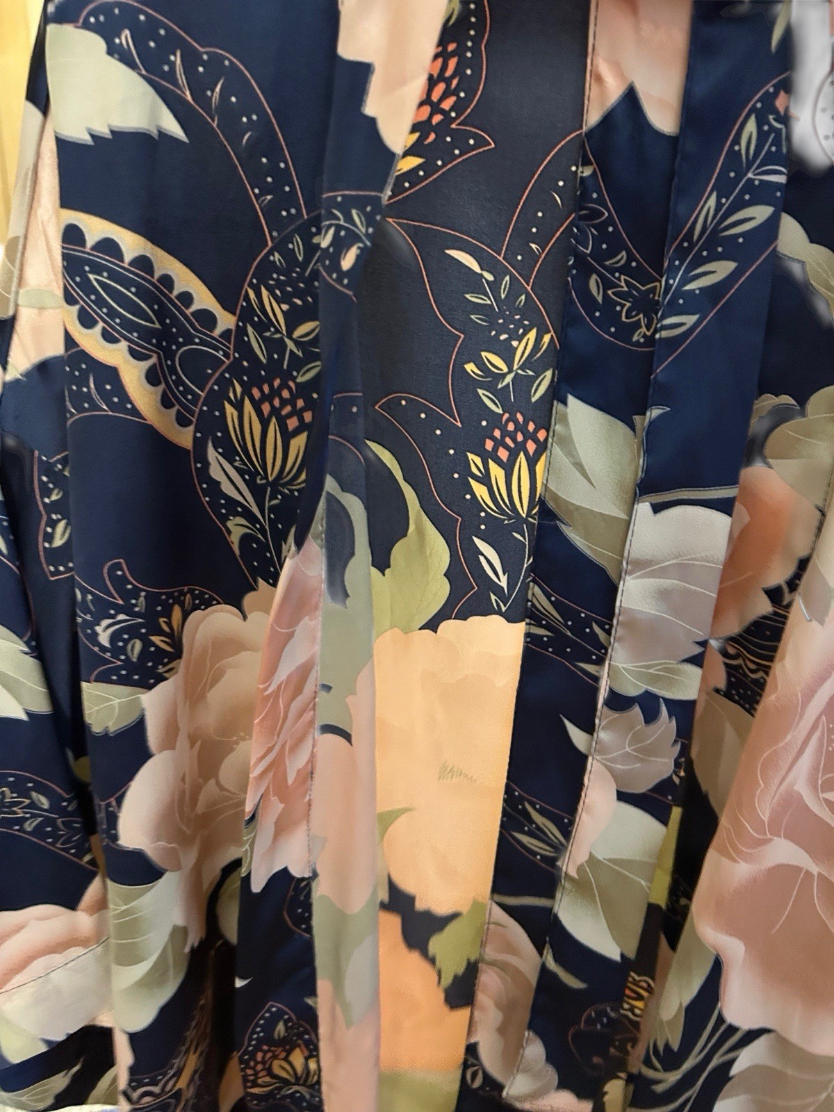 Vintage Satin Shiny Bell Angel Sleeve Kimono Robe Peach/Blush & Blue Floral