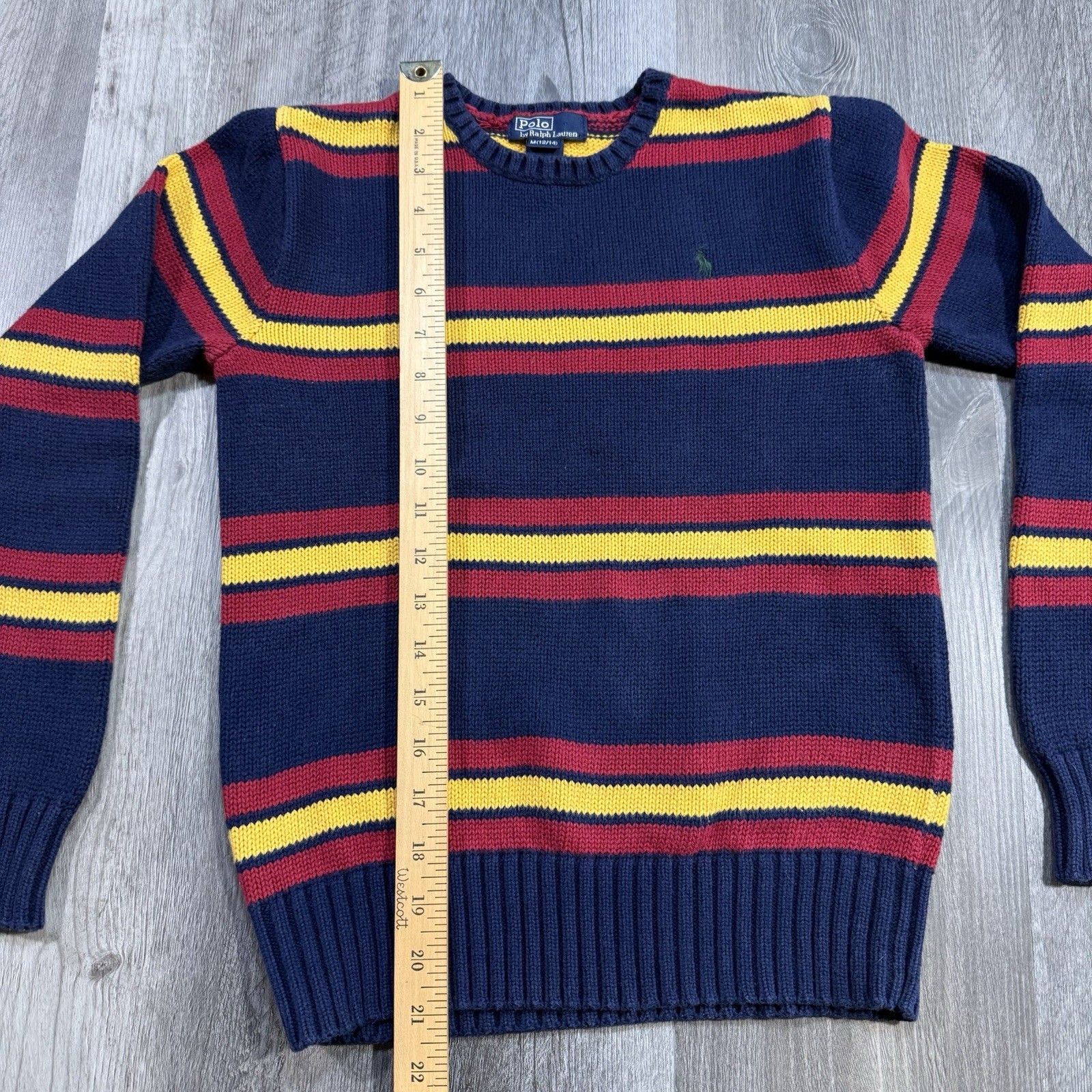 Vintage 90s Polo Ralph Lauren Striped Cotton Sweater Navy Red Yellow Youth M