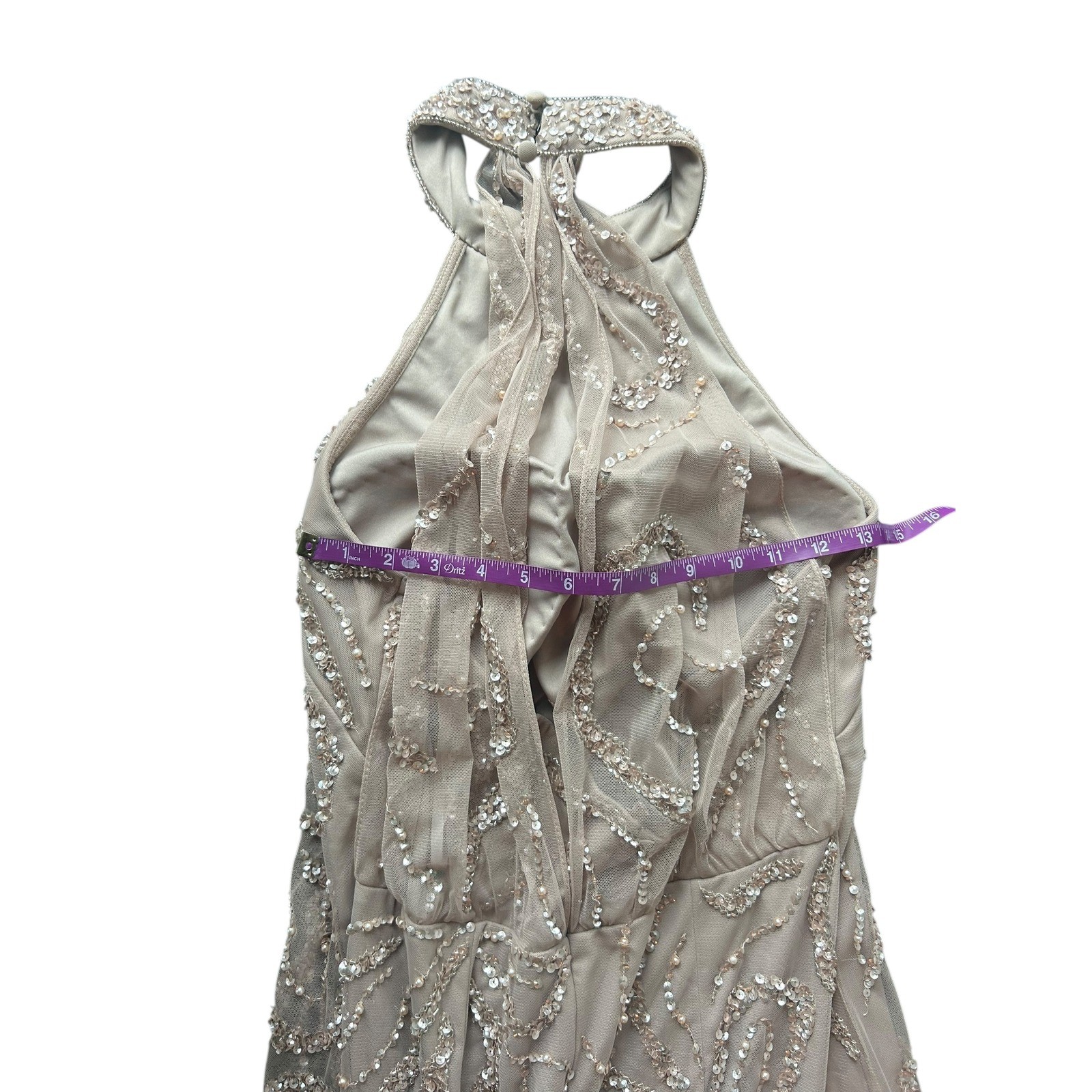 Adrianna Papell Platinum Style No. 40284 Embellished Halter Neck Gown Taupe 12