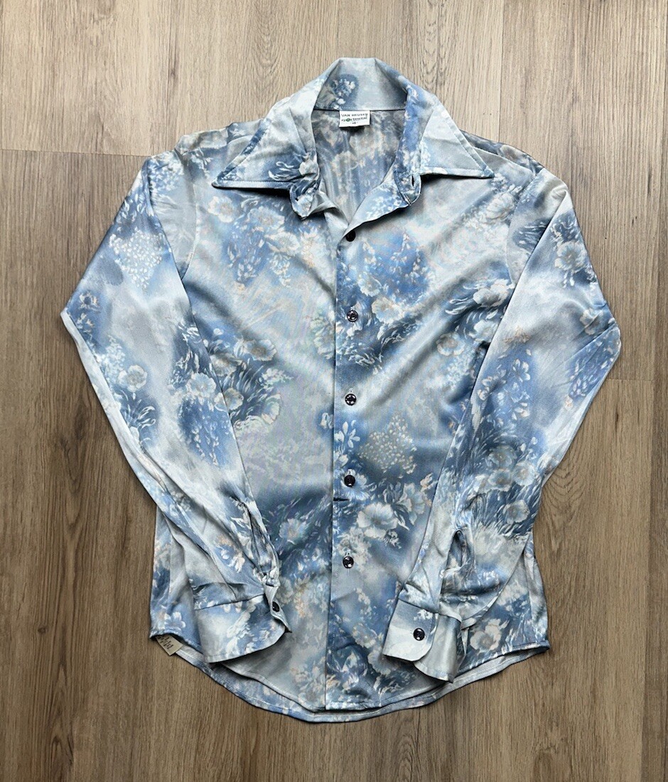 70s VINTAGE Van Heusen Sportswear Women’s Blue Floral Polyester Shirt Size 16