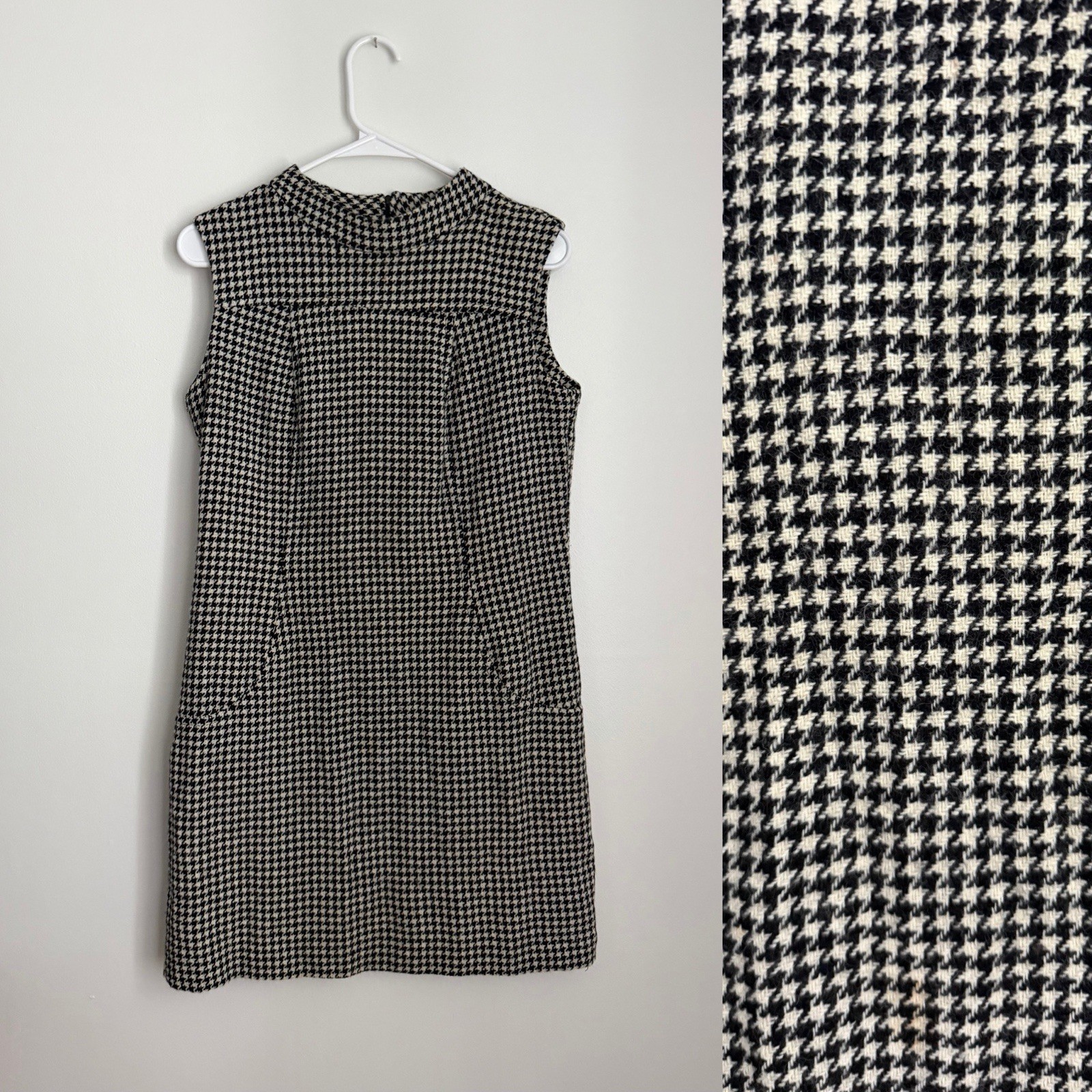 Vintage 70s Handmade Black and Ivory Houndstooth Shift Dress Size Medium
