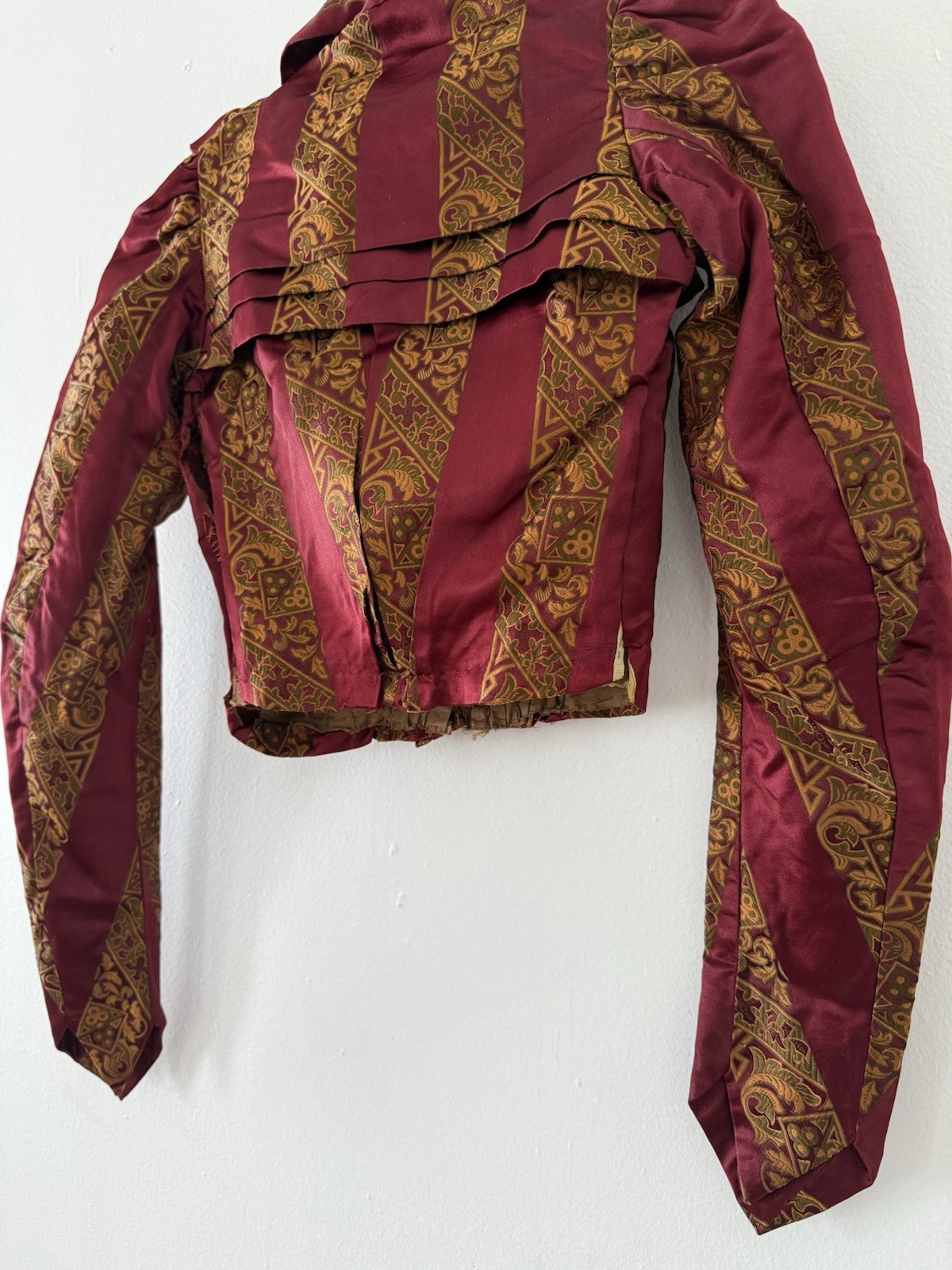 Antique Victorian Brocade Silk Satin Bodice Jewel Toned Boning 1800s XXS/XS