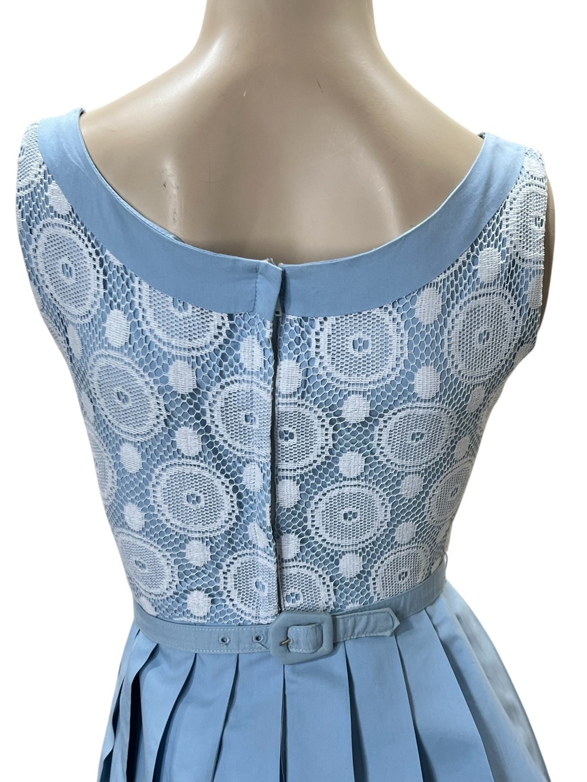 EUC Vtg 60s XS Mar Tee Day Dress Blue Knife Pleat Skirt Atomic White Lace Belted