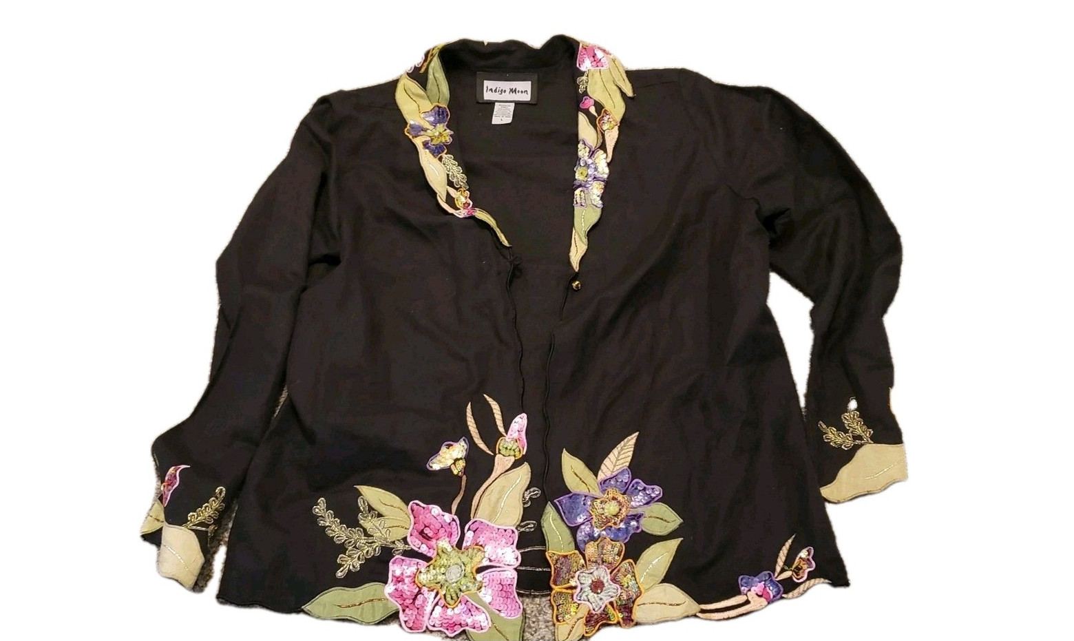 Indigo Moon Embroidered Sequin Floral Black Jacket Cover Up Party Boho L