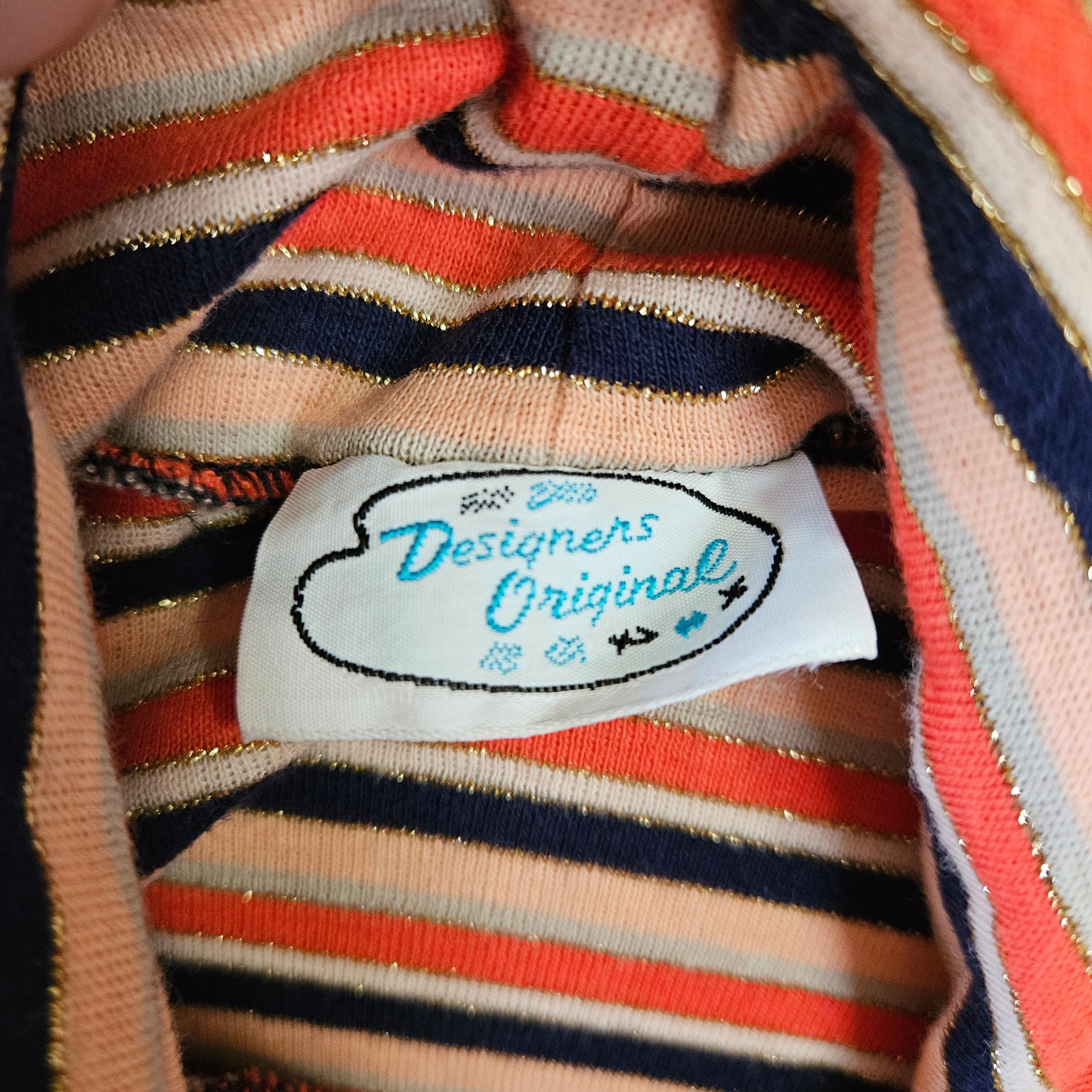 Vintage 70s Designers Originals Orange Navy Metallic Striped Knit Turtleneck Top