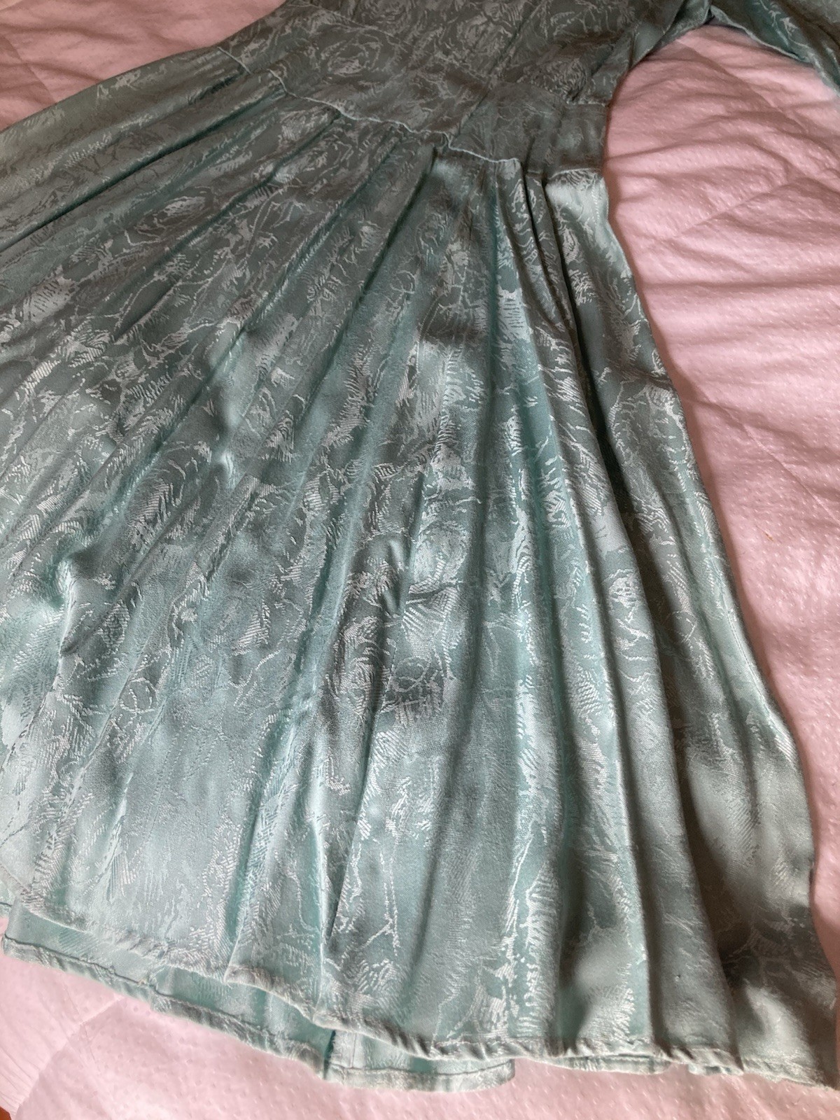 JSJ Vintage Aqua Jacquard/Brocade Dress With Lace & Pearls Size 7/8 Made In USA