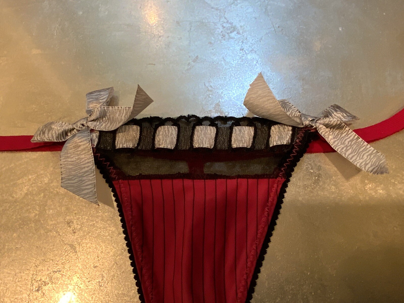 Vtg S Striped Black Wine & Pink Thong String Ribbon Bikini Panties