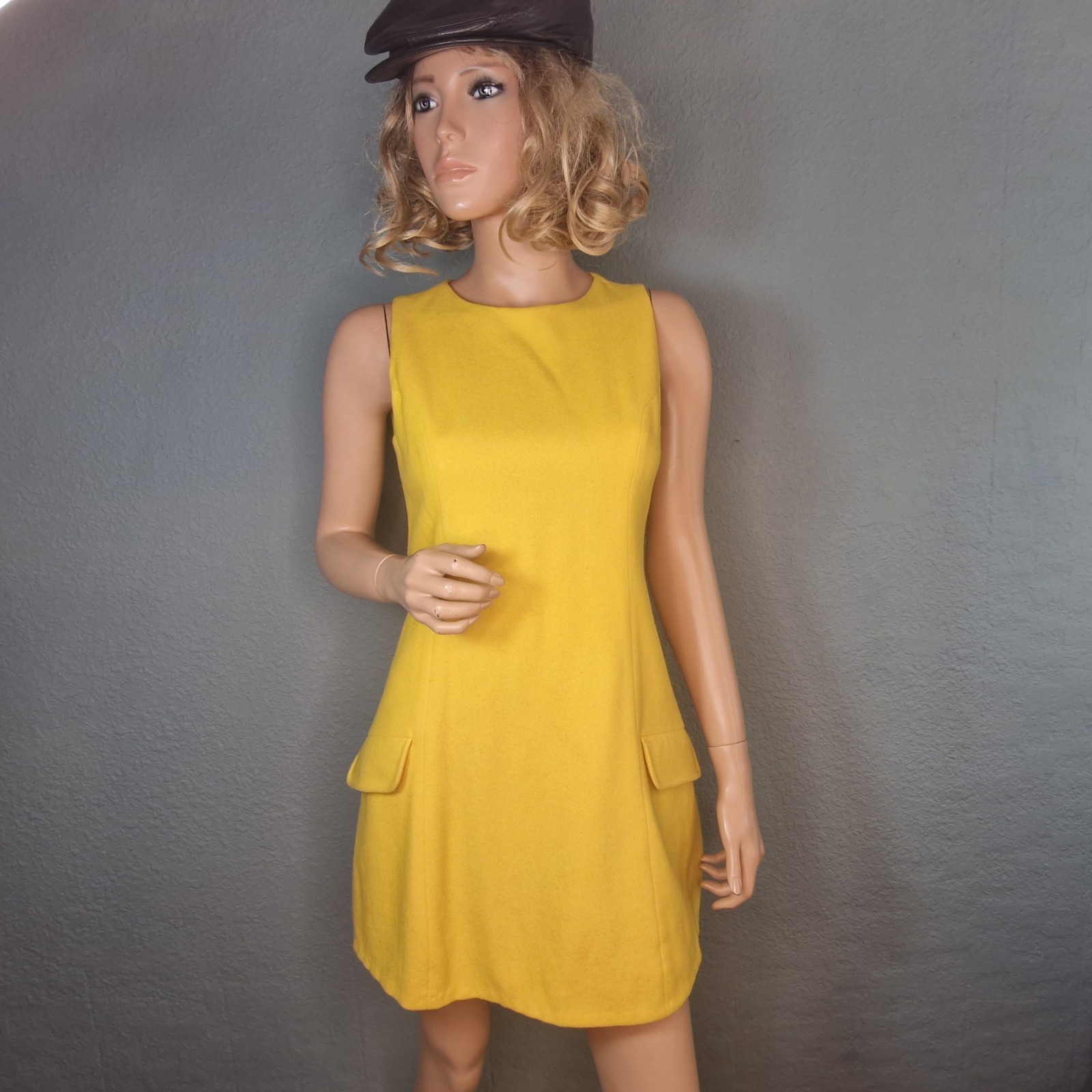 60’s Designer Mod Go Go Lemon Yellow Wool Suit Dress Mini Dress & Jacket RARE SM