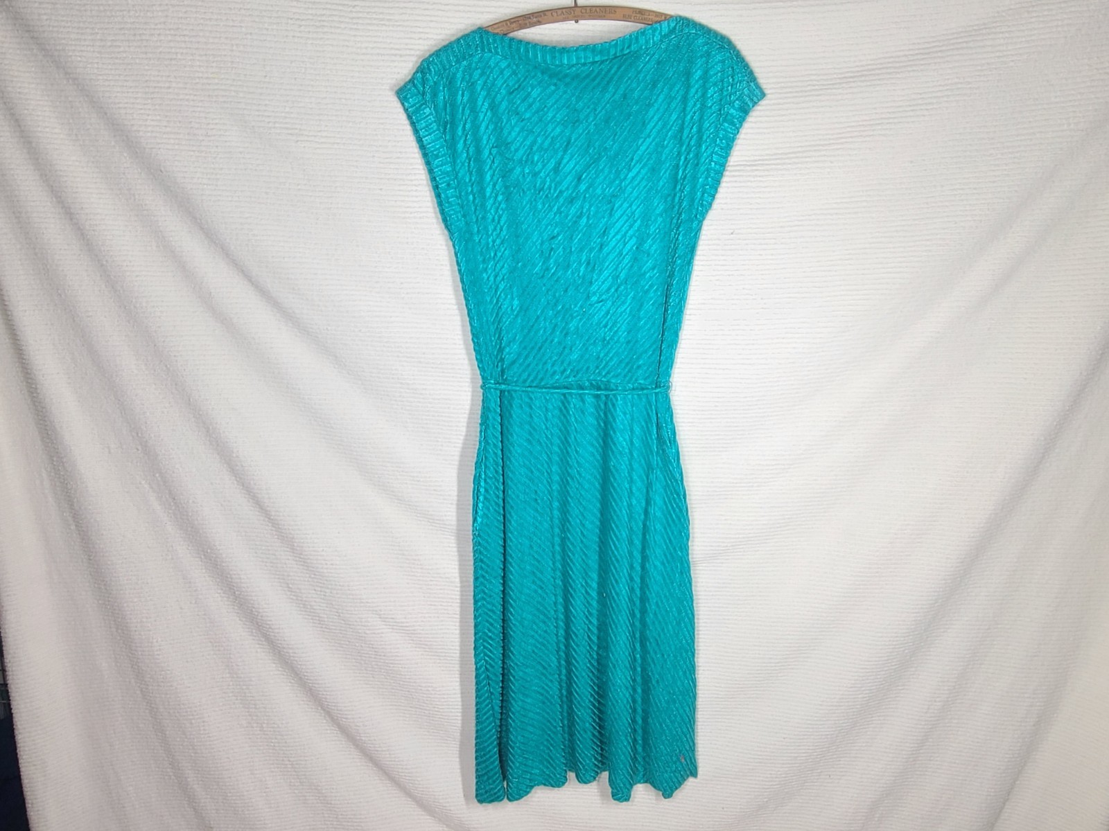 1970s Disco Knit Dress Teal Terry Cloth Diagonal Corduroy Stripe wBelt Large