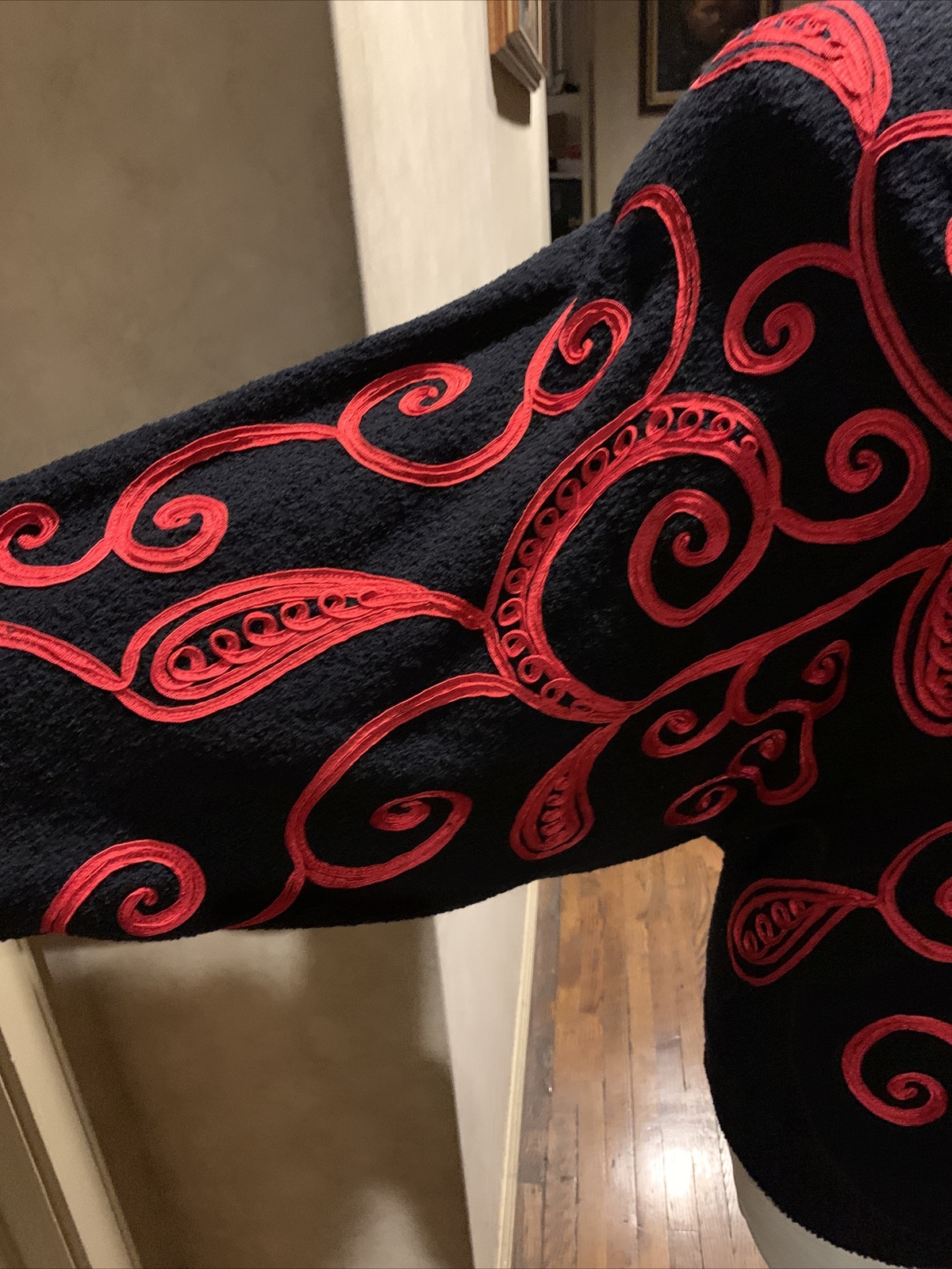 VINTAGE AMAZING DESIGN PETER LYNNE NEW YORK BLACK WOOL RED RIBBON SWEATER SZ.4/L